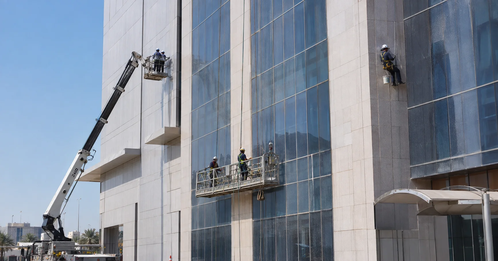 Three access methods on one building: a boom lift, a suspended cradle and a rope-access technician on the facade