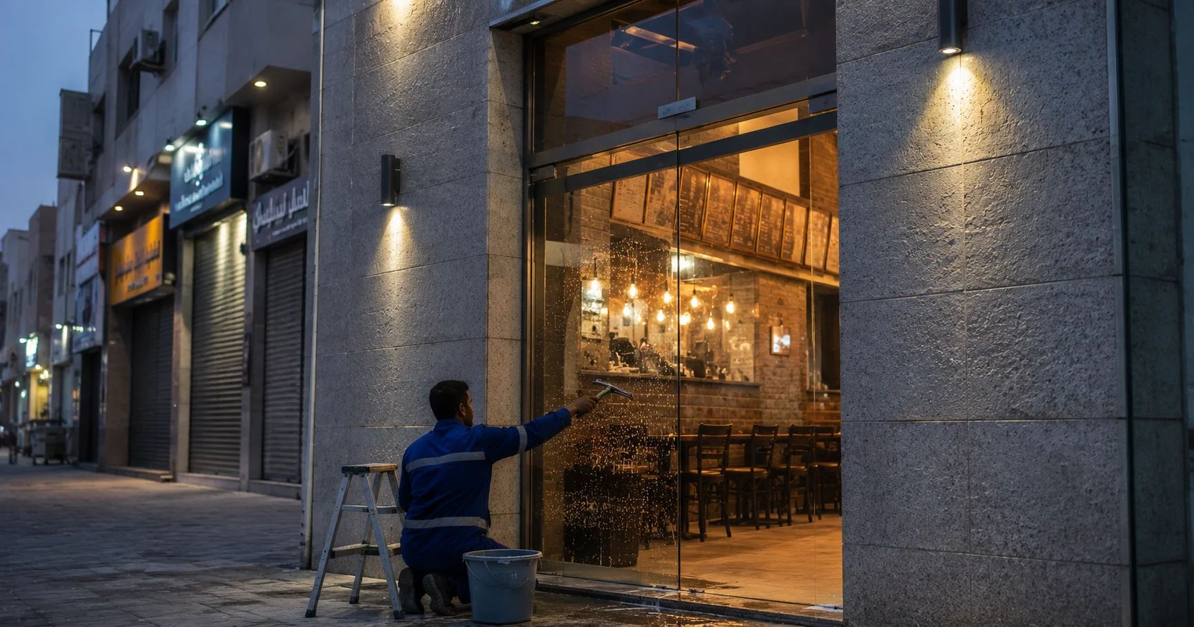 A worker kneeling to squeegee a lit cafe frontage before opening, neighbouring shop shutters still down