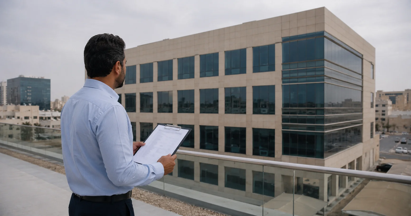 A supervisor with a checklist surveying an office building facade from an opposite terrace before scheduling
