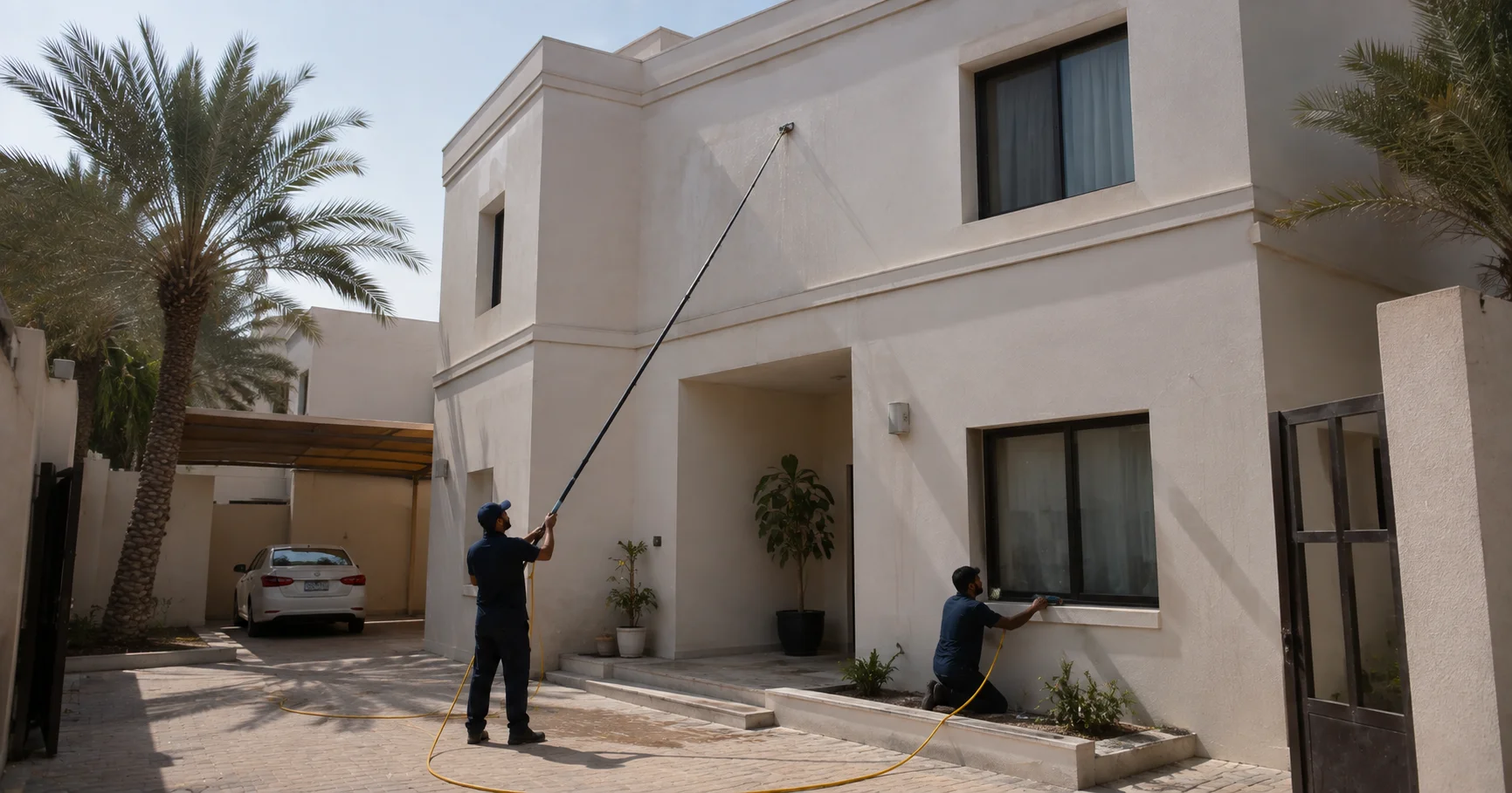 Two workers cleaning a two-storey villa facade, one using a water-fed pole upstairs and one at a ground window
